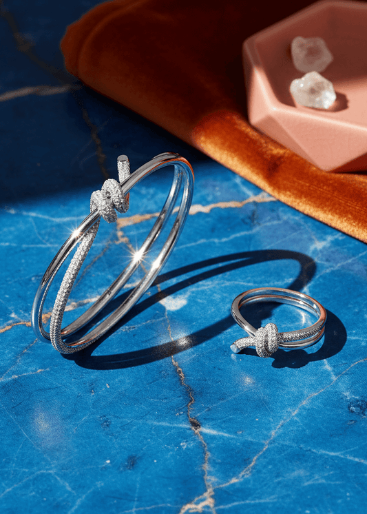 Bracelet and ring set with knot and crystals – gold / silver