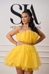 Rochie Belle galbenă fără bretele cu centură cu cristale - Sia House Sia House pentru femei elegante