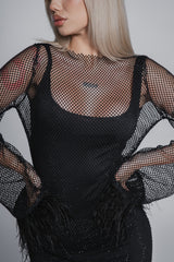 Bling Diva short mesh dress with crystals and feathers