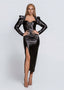 Rochie LUNEVA midi neagră din lycra premium densă, croială mulată cu despicătură pe picior și look spectaculos pentru seară