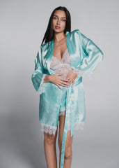 3-piece pajama set with lace and satin – top, shorts and robe