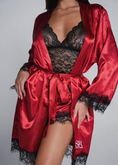 3-piece pajama set with lace and satin – top, shorts and robe