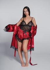 3-piece pajama set with lace and satin – top, shorts and robe