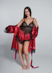 3-piece pajama set with lace and satin – top, shorts and robe