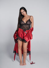 3-piece pajama set with lace and satin – top, shorts and robe