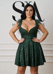 Rochie Salomeea verde smarald cu paiete și bretele cu pene - Sia House Sia House pentru femei elegante