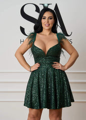 Rochie Salomeea verde smarald cu paiete și bretele cu pene - Sia House Sia House pentru femei elegante