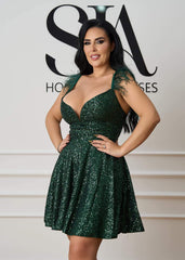 Rochie Salomeea verde smarald cu paiete și bretele cu pene - Sia House Sia House pentru femei elegante