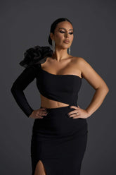 Rochie Midi Obsidian Flame by Sia House - Umăr Asimetric și Floare 3D Sia House pentru femei elegante