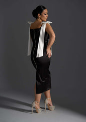 Angel Lust - Rochie midi neagră elegantă cu detalii din satin și perle Sia House pentru femei elegante