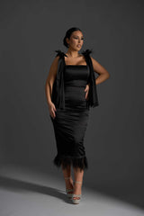 Black Widow - Rochie midi neagră cu aplicații din pene by Sia House Sia House pentru femei elegante