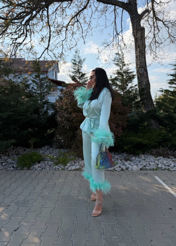 Costum satin mătase cu pene Zeyna