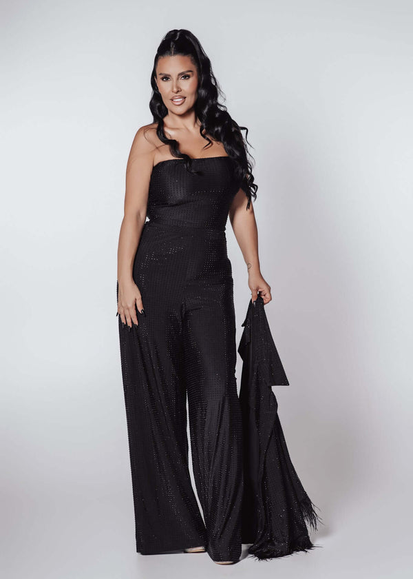 Compleu Bling Miray set 3 piese lycra cu cristale, bustieră, pantaloni evazați și mantou elegant negru pentru seară