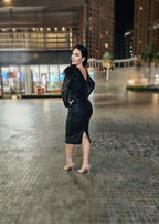 Rochie SIA Edge of Elegance, rochie midi creion neagră cu paiete și pene, elegantă pentru evenimente de seară