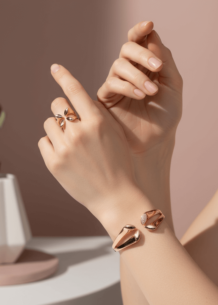 Set Lily Grace bratara si inel argintiu si auriu cu design organic pe mana feminina