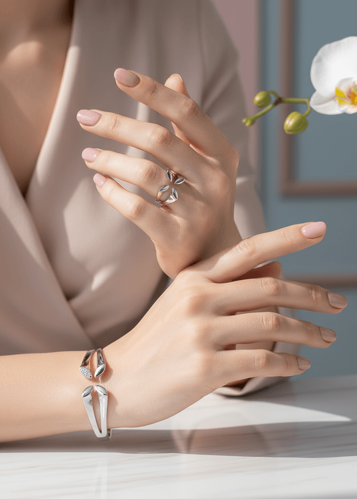 Set bratara si inel argintiu și auriu Lily Grace, design organic delicat pe mâini feminine, bijuterii elegante pentru cadou