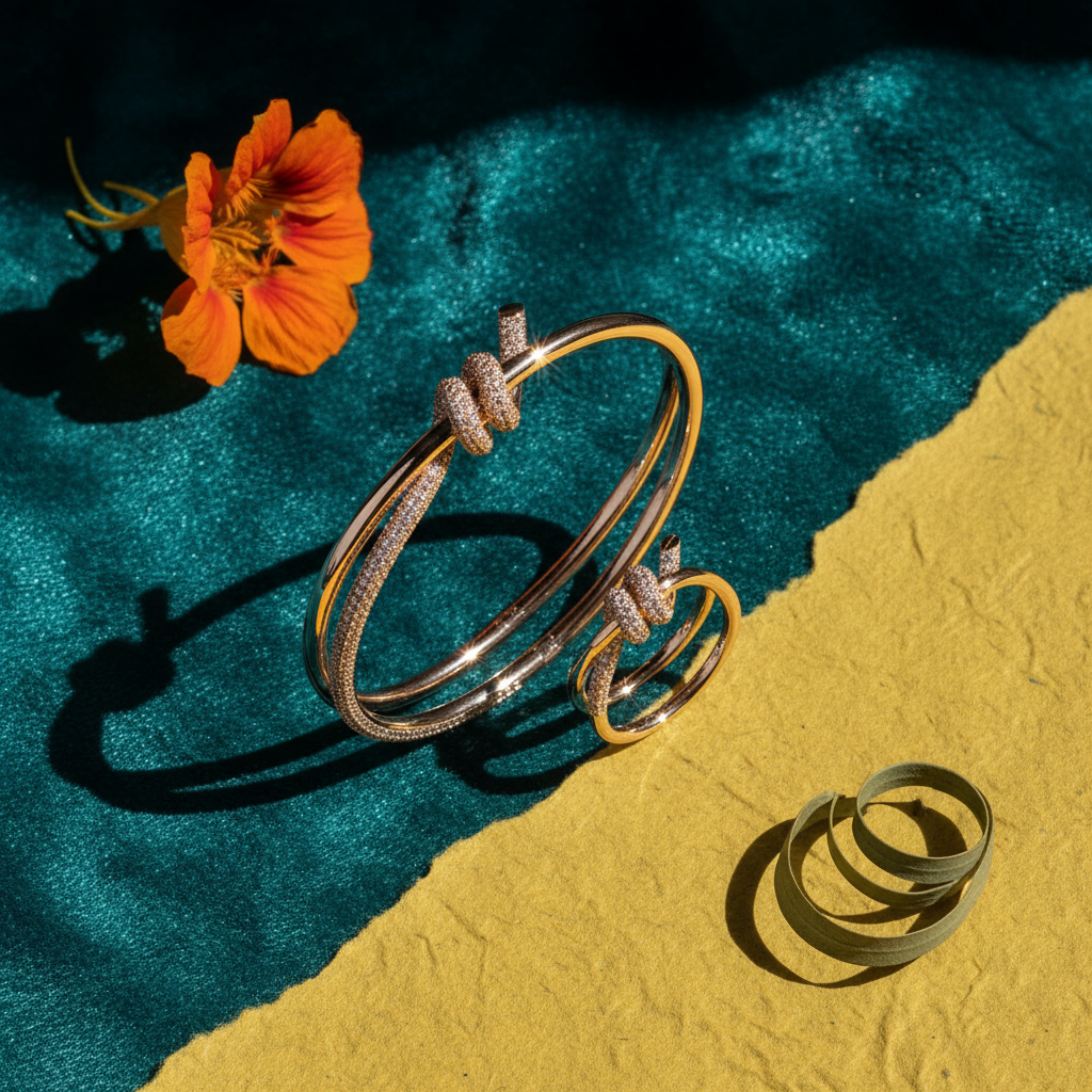 Bracelet and ring set with knot and crystals – gold / silver