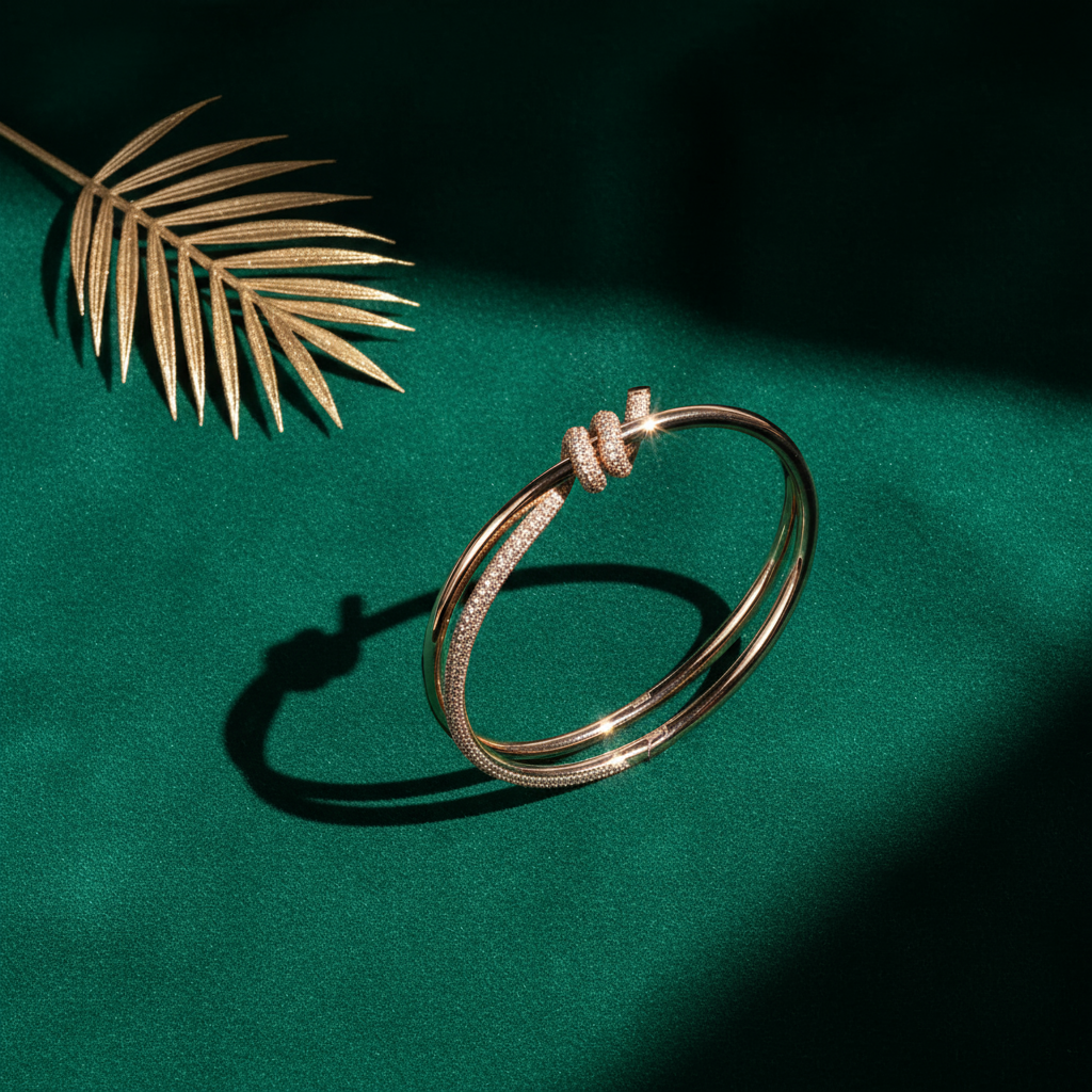 Bracelet and ring set with knot and crystals – gold / silver