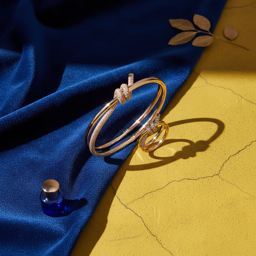 Bracelet and ring set with knot and crystals – gold / silver