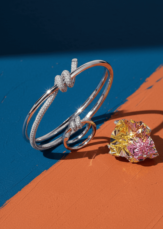 Bracelet and ring set with knot and crystals – gold / silver