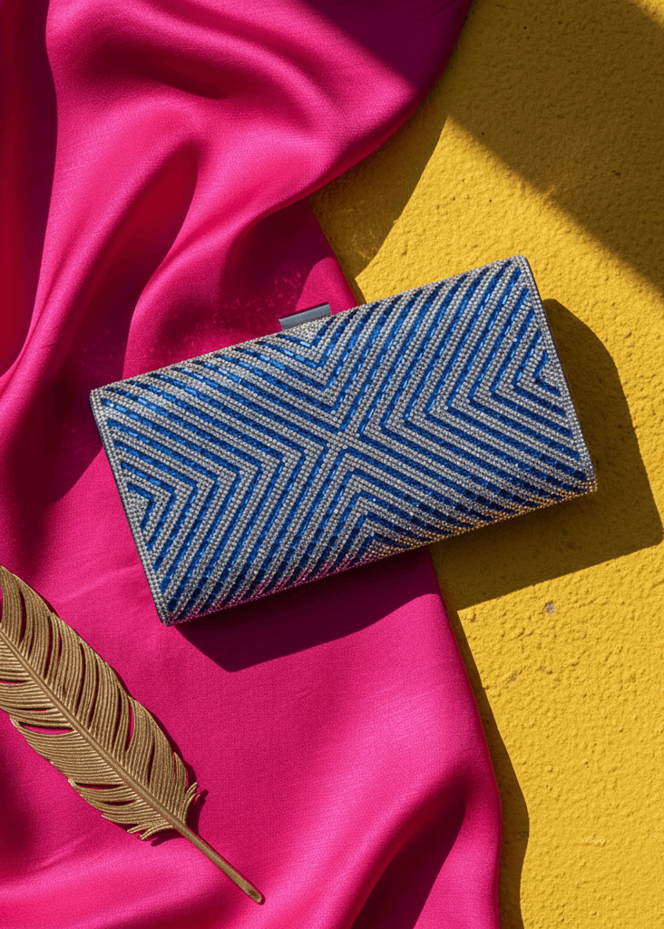 Clutch Sapphire Shine cu cristale albastre și model geometric, plic elegant de seară pe fundal roz și galben vibrant