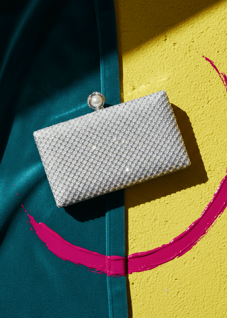 Clutch Crystal Pearl argintiu cu cristale și închidere perlă, elegant, ideal pentru ținute de seară și evenimente speciale