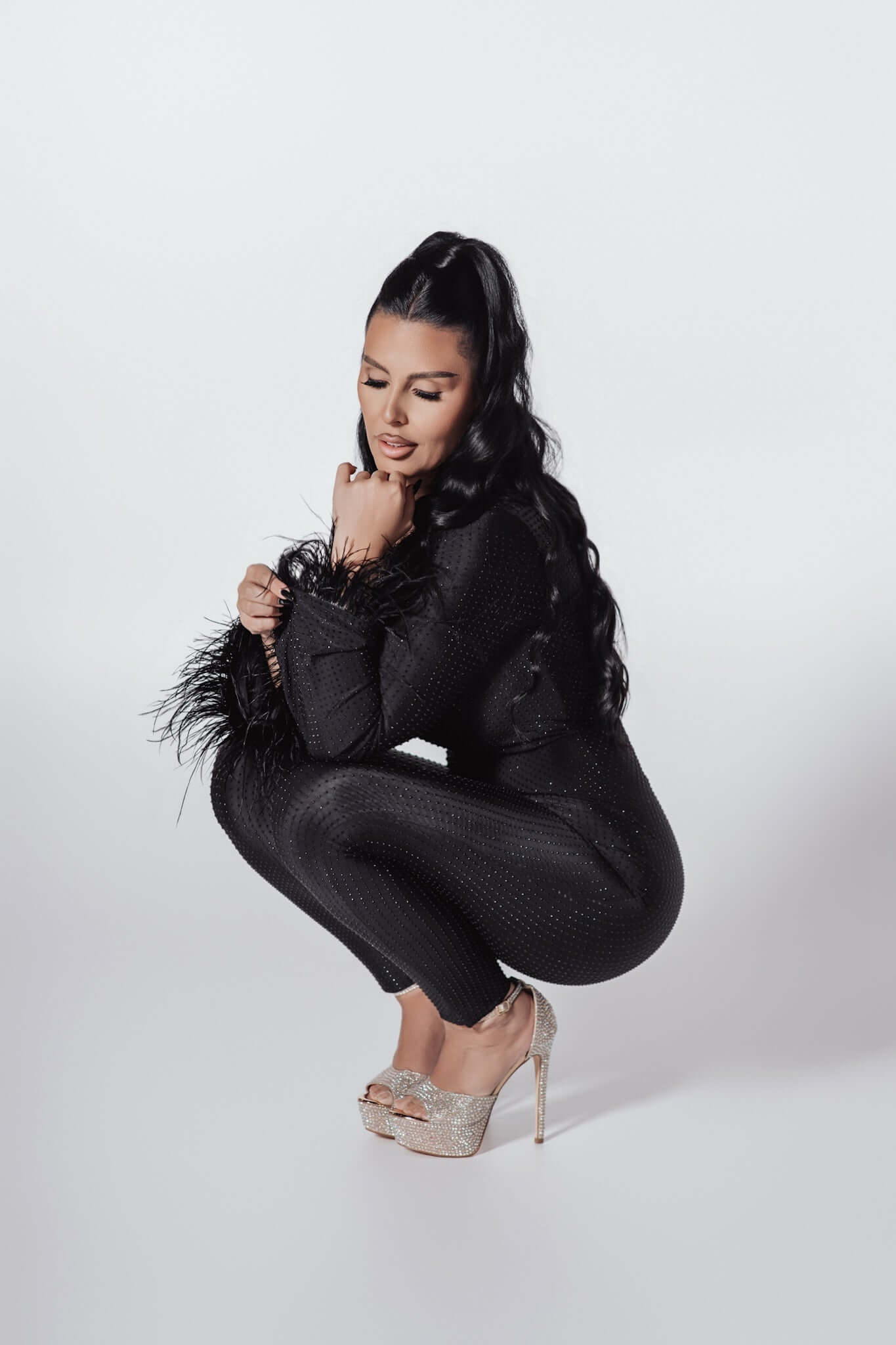 Bling Obsession crystal and feather lycra jumpsuit
