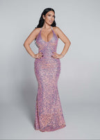 Alt Tag: Rochie Bling Siren tip sirenă cu paiete multicolore rainbow, rochie lungă elegantă cu decolteu adânc