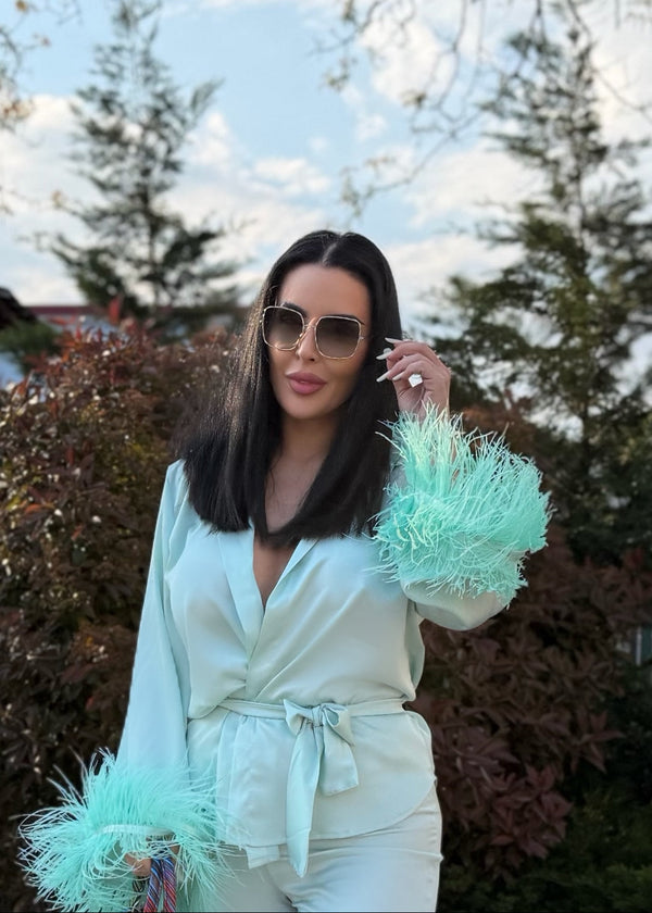 Costum satin mătase cu pene Zeyna