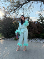 Costum satin mătase cu pene Zeyna