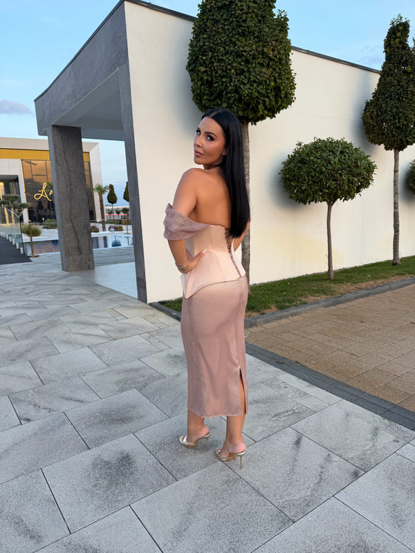 Domina – Rochie midi cu corset din tafta și plasă cu cristale