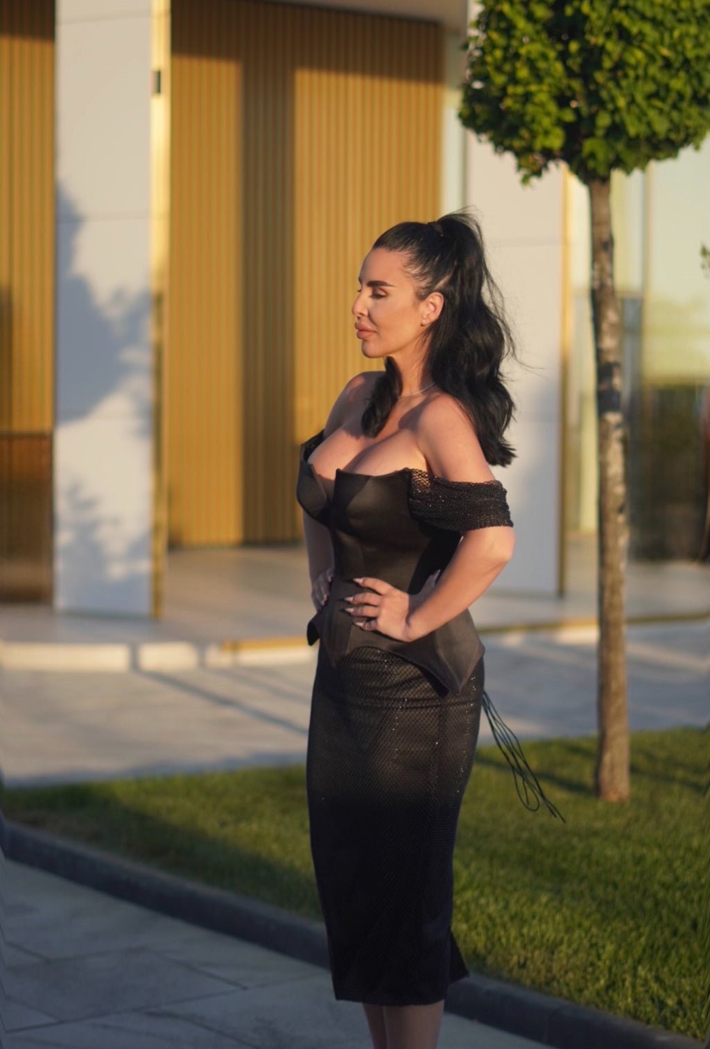 Domina – Rochie midi cu corset din tafta și plasă cu cristale