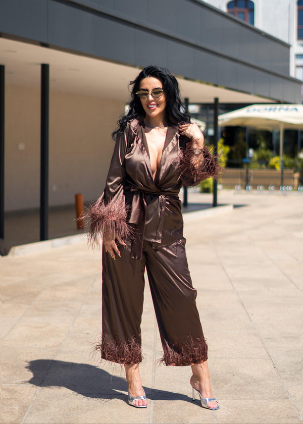 Costum satin mătase cu pene Zeyna
