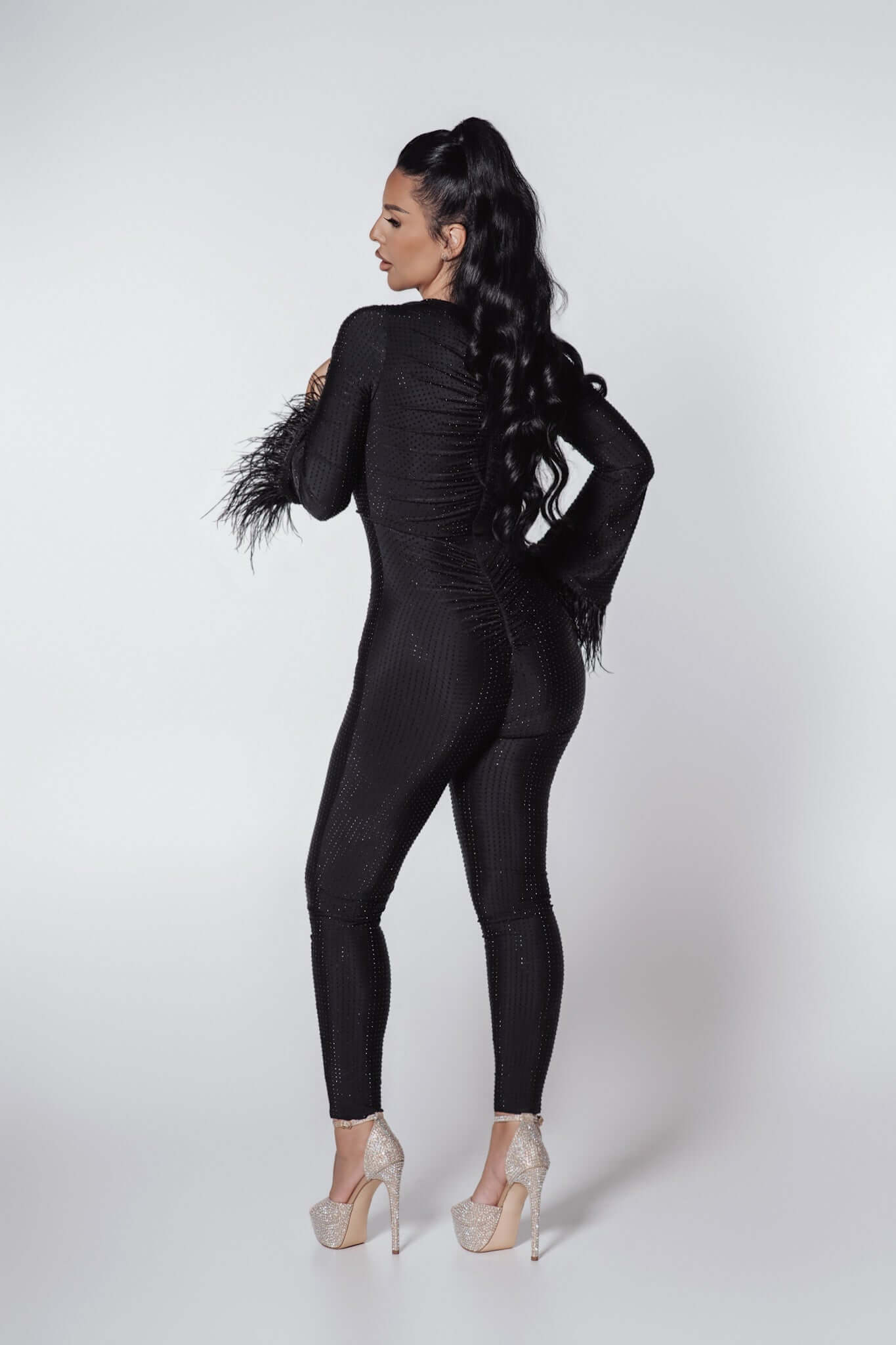 Bling Obsession crystal and feather lycra jumpsuit