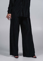 Compleu satinat plisat 2 piese ALLURE, pantalon larg negru cu efect lucios pentru ținute elegante de seară