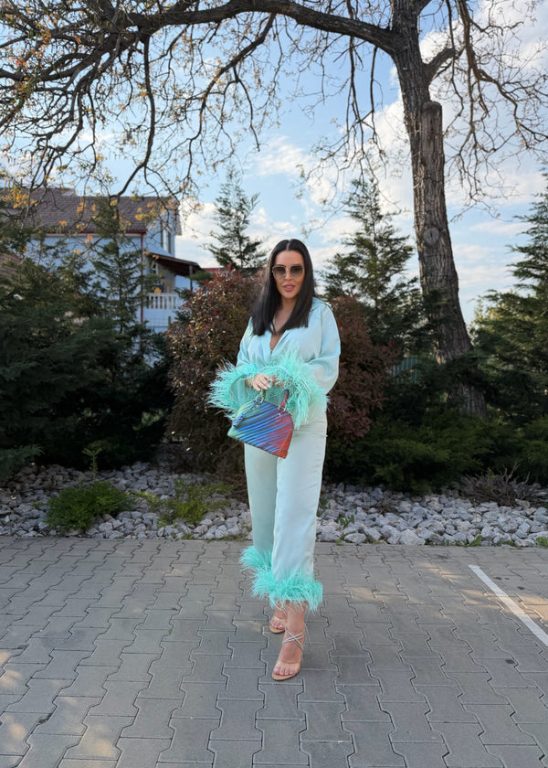 Costum satin mătase cu pene Zeyna