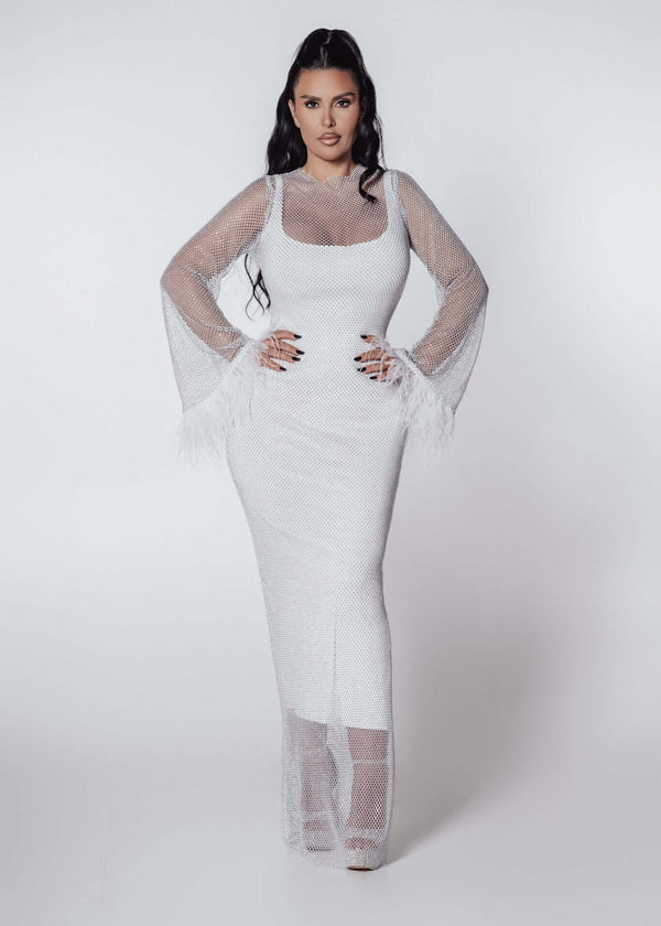 Rochie Bling DIVA albă, plasă cu cristale și pene, rochie dublă lungă, elegantă de seară