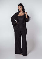 Compleu Bling Miray set 3 piese din lycra cu cristale, bustieră, pantaloni evazați și mantou elegant negru pentru ocazii speciale