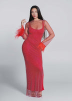 Rochie Bling DIVA roșie, plasă cu cristale și pene la mâneci, rochie dublă lycra elegantă pentru ocazii speciale