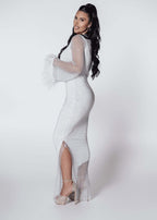 Rochie Bling DIVA lungă, albă, din plasă cu cristale și pene, rochie dublă elegantă pentru evenimente speciale