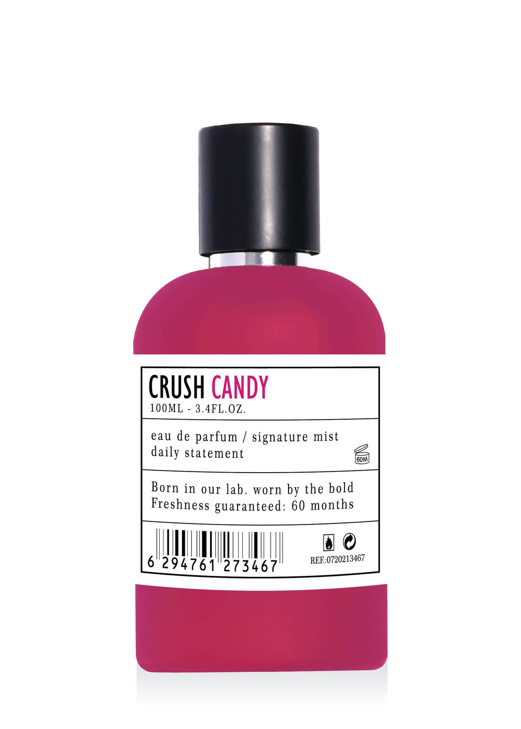 Eau de Parfum CRUSH CANDY 100ml, parfum fructat dulce pentru femei, sticluță roz intens pe fundal alb