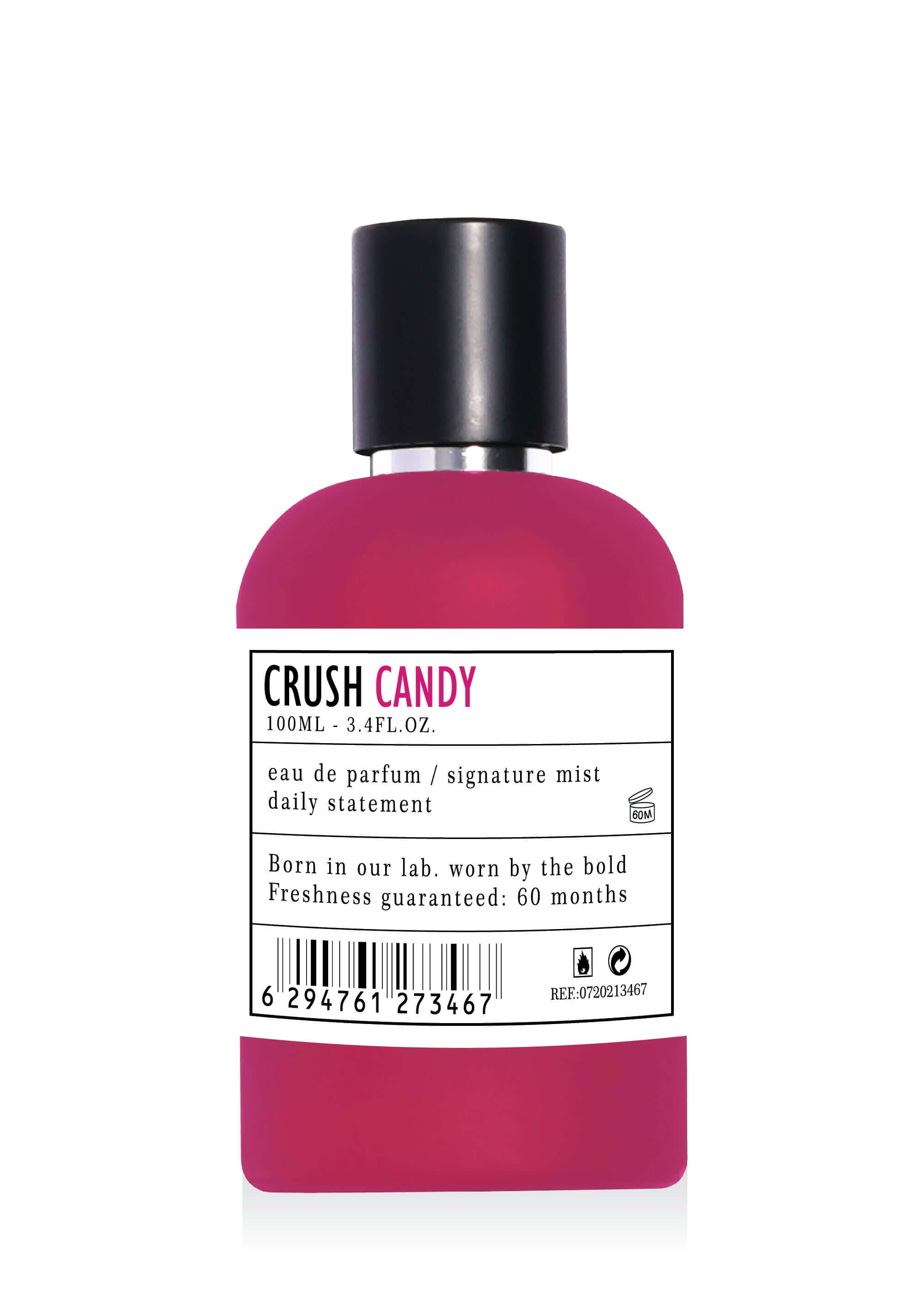 Eau de Parfum CRUSH CANDY 100ml, parfum fructat dulce pentru femei, sticluță roz intens pe fundal alb