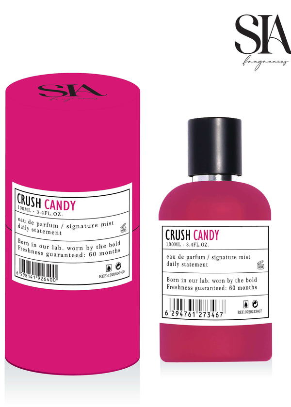 Eau de Parfum CRUSH CANDY 100ml, parfum fructat dulce pentru femei, sticlă roz cu ambalaj cilindric roz SIA Fragrances