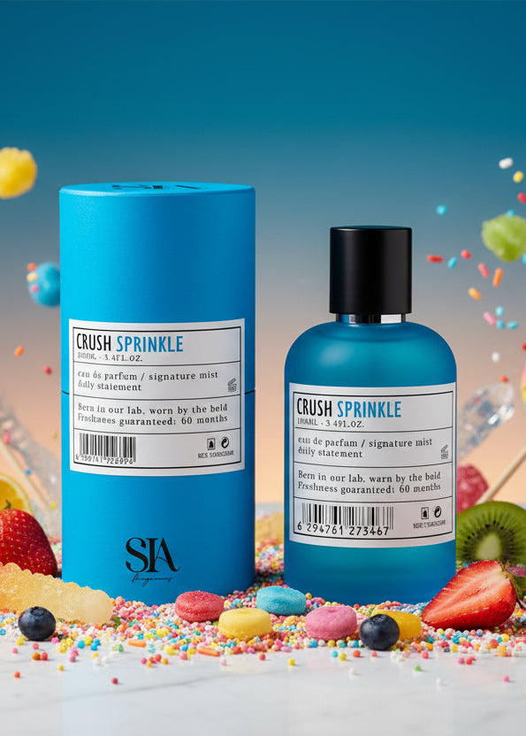 Apa de Parfum CRUSH SPRINKLE 100ml, parfum vibrant pentru femei și bărbați, sticlă albastră cu ambalaj cilindric turcoaz Main image