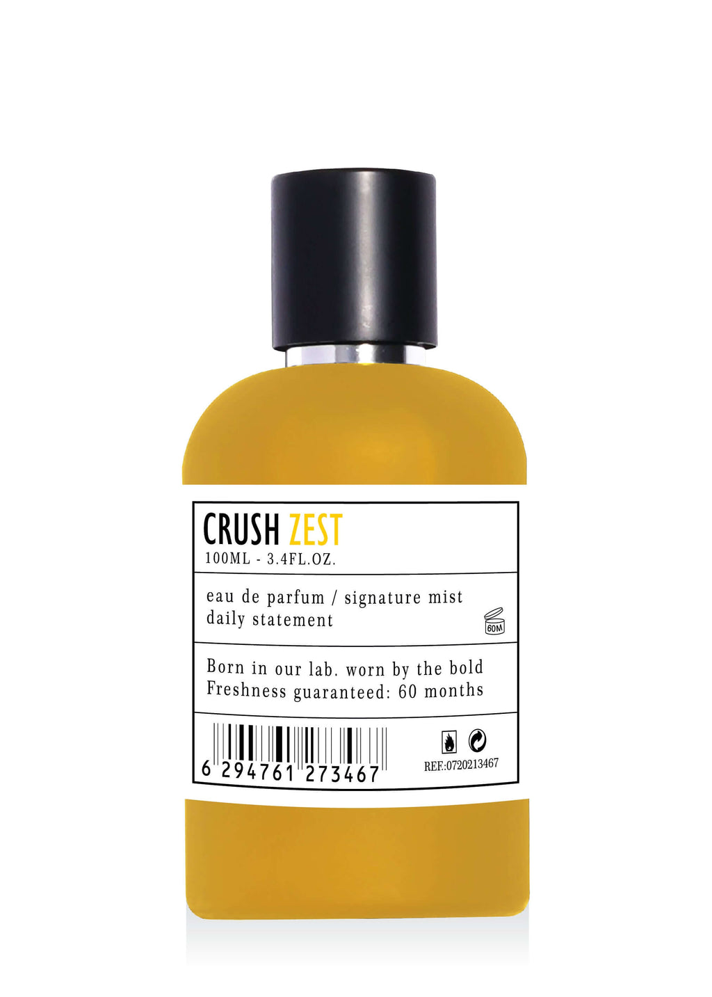 Apa de parfum CRUSH ZEST citric și floral, sticlă galbenă de 100 ml pe fundal alb, parfum de vară luminos