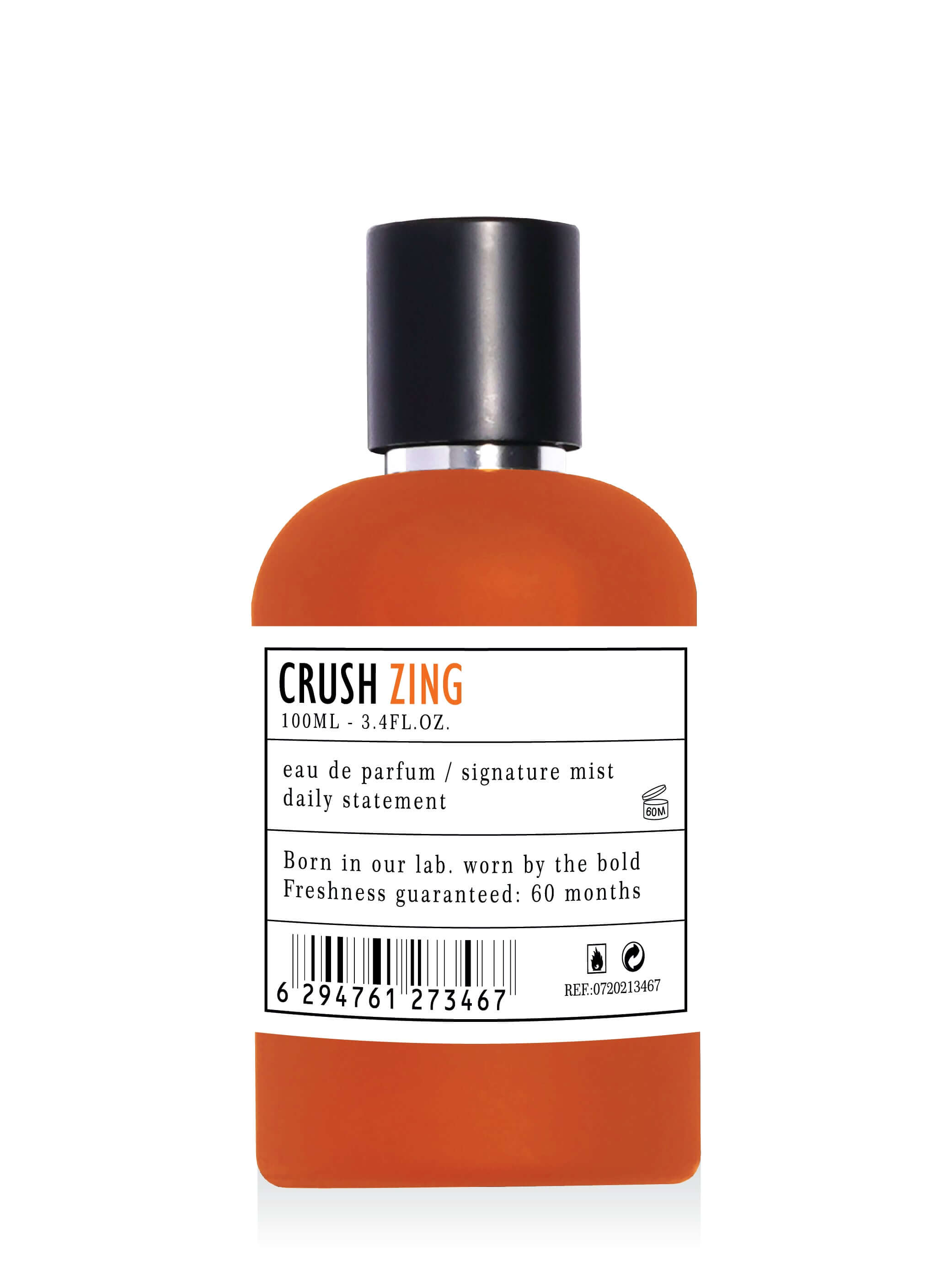 Sticlă de parfum Crush Zing 100ml cu etichetă alb-negru, disponibil pentru precomandă cu reducere specială.