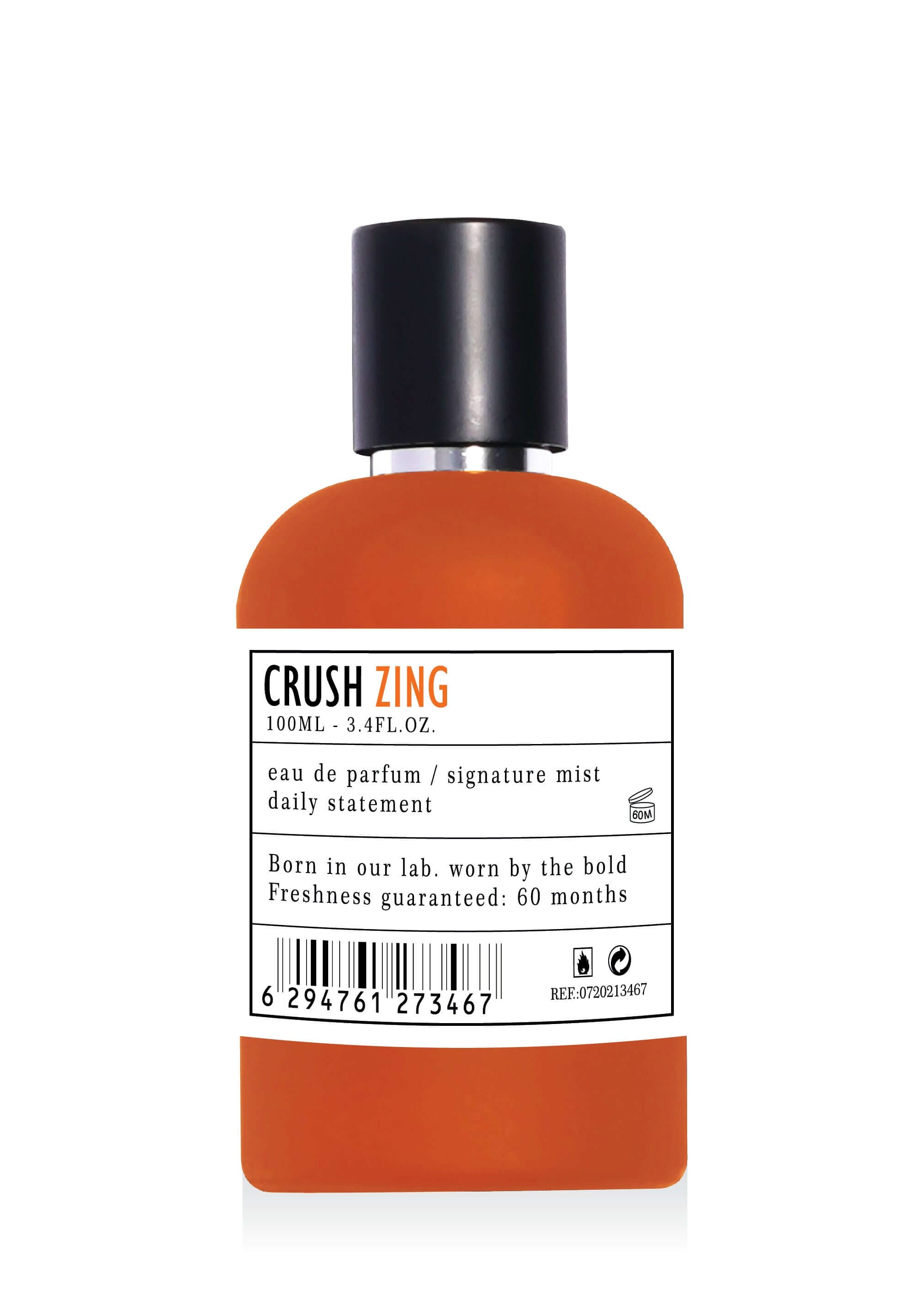 CRUSH ZING Apa de parfum 100ml, parfum exotic fructat floral pentru ea, sticlă portocalie elegantă pe fundal alb