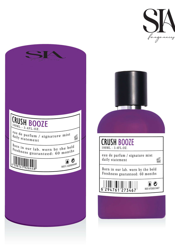 Apa de Parfum 100ml CRUSH BOOZE unisex, sticlă mov cu ambalaj cilindric elegant, parfum intens și sofisticat