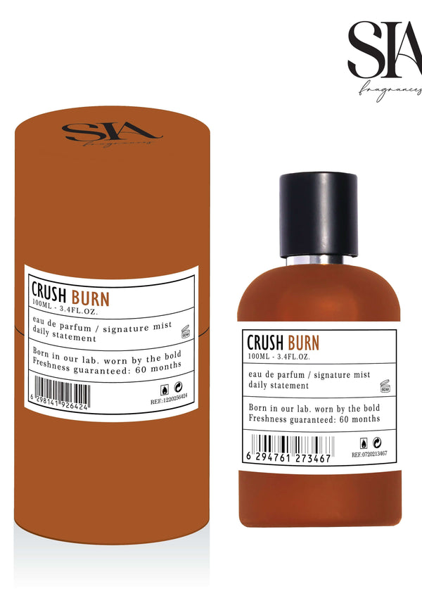 Apa de Parfum CRUSH BURN Oriental Fructat 100ml, sticlă și cutie maro, parfum intens senzual pentru femei și bărbați