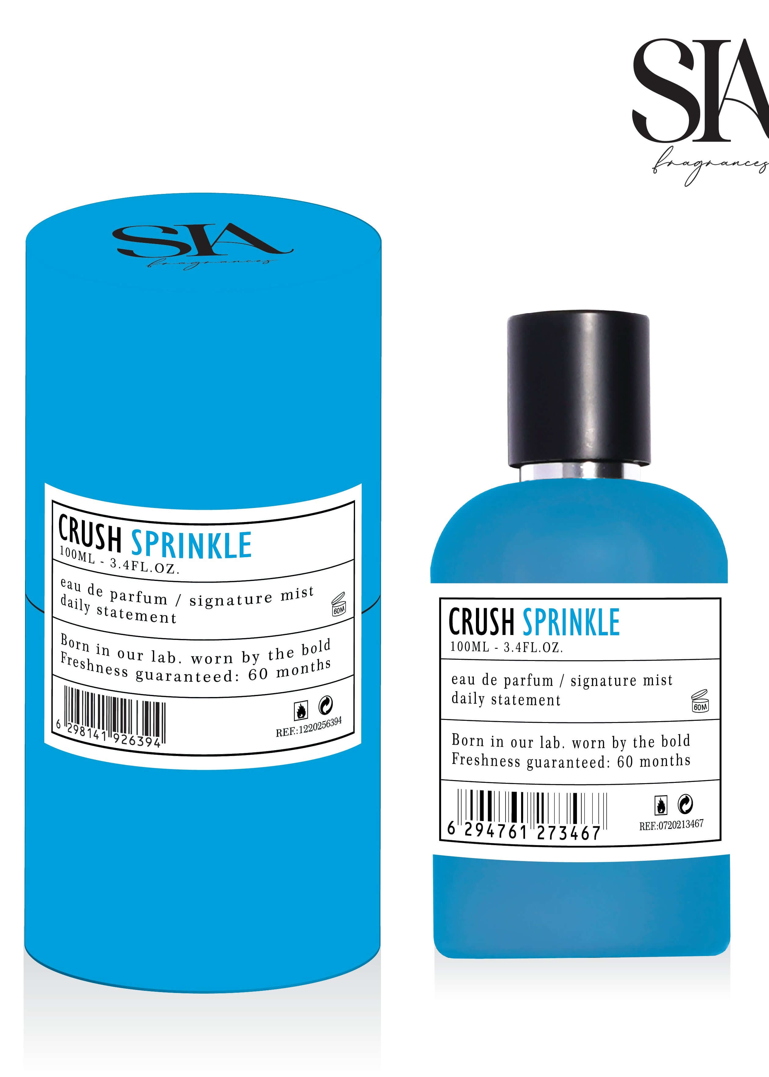 Apa de Parfum CRUSH SPRINKLE 100ml, parfum intens pentru femei, sticlă albastră cu ambalaj cilindric elegant